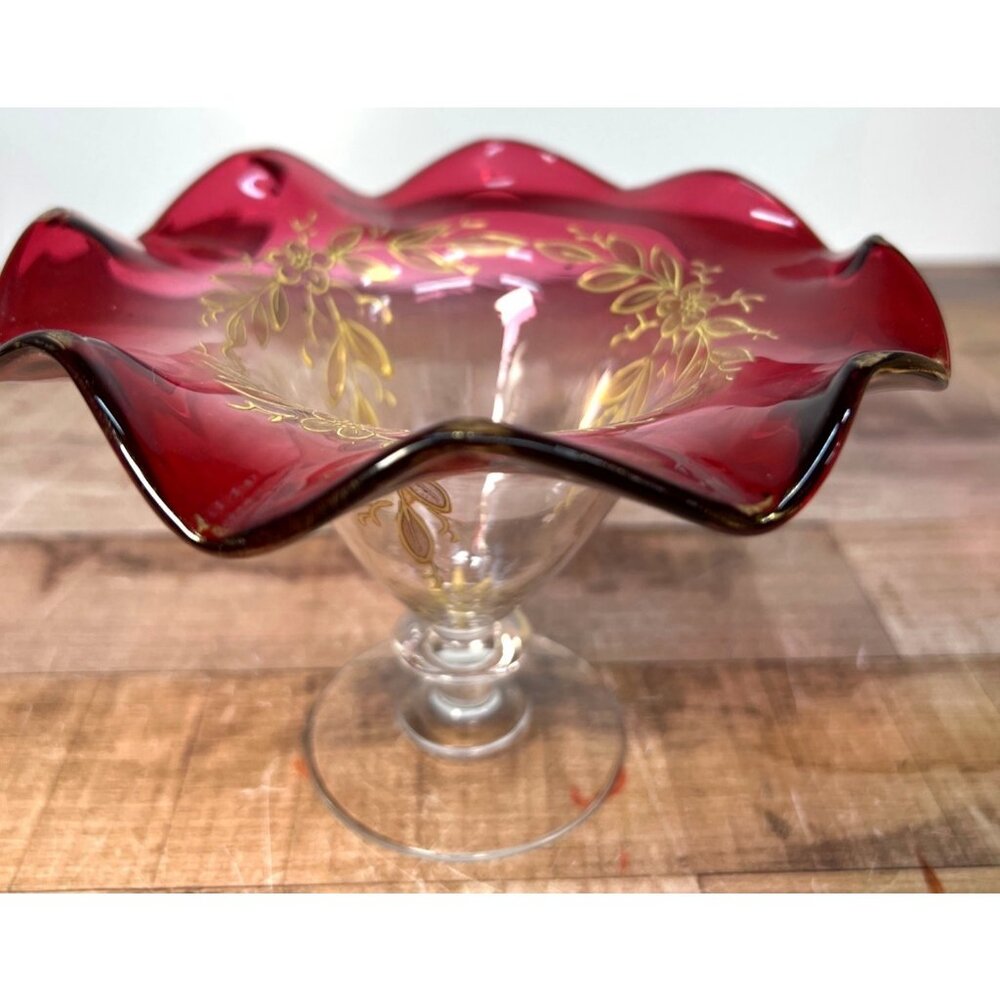 Vintage Ruby Red Hand-Painted Gold Floral Ruffled Glass Pedestal Bowl